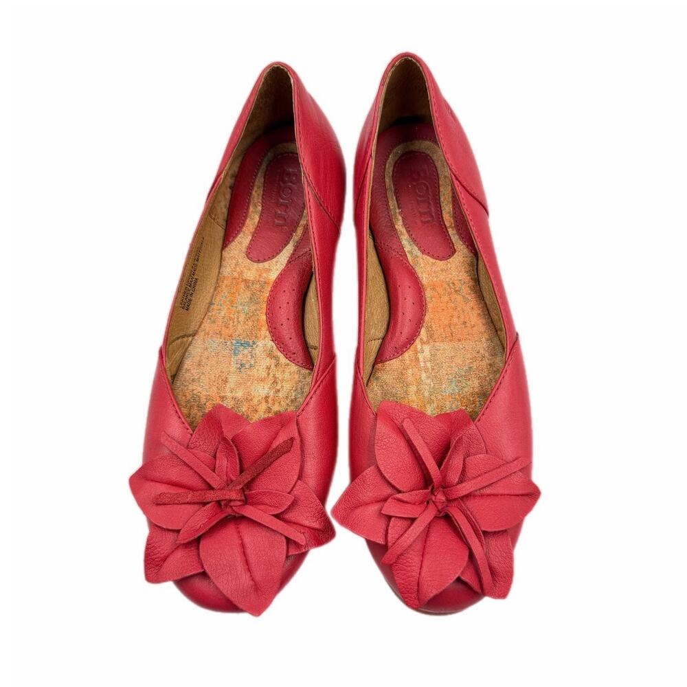 Born Peony Red Leather Flower Blossom Slip On Comfort Botanical Ballet Flats